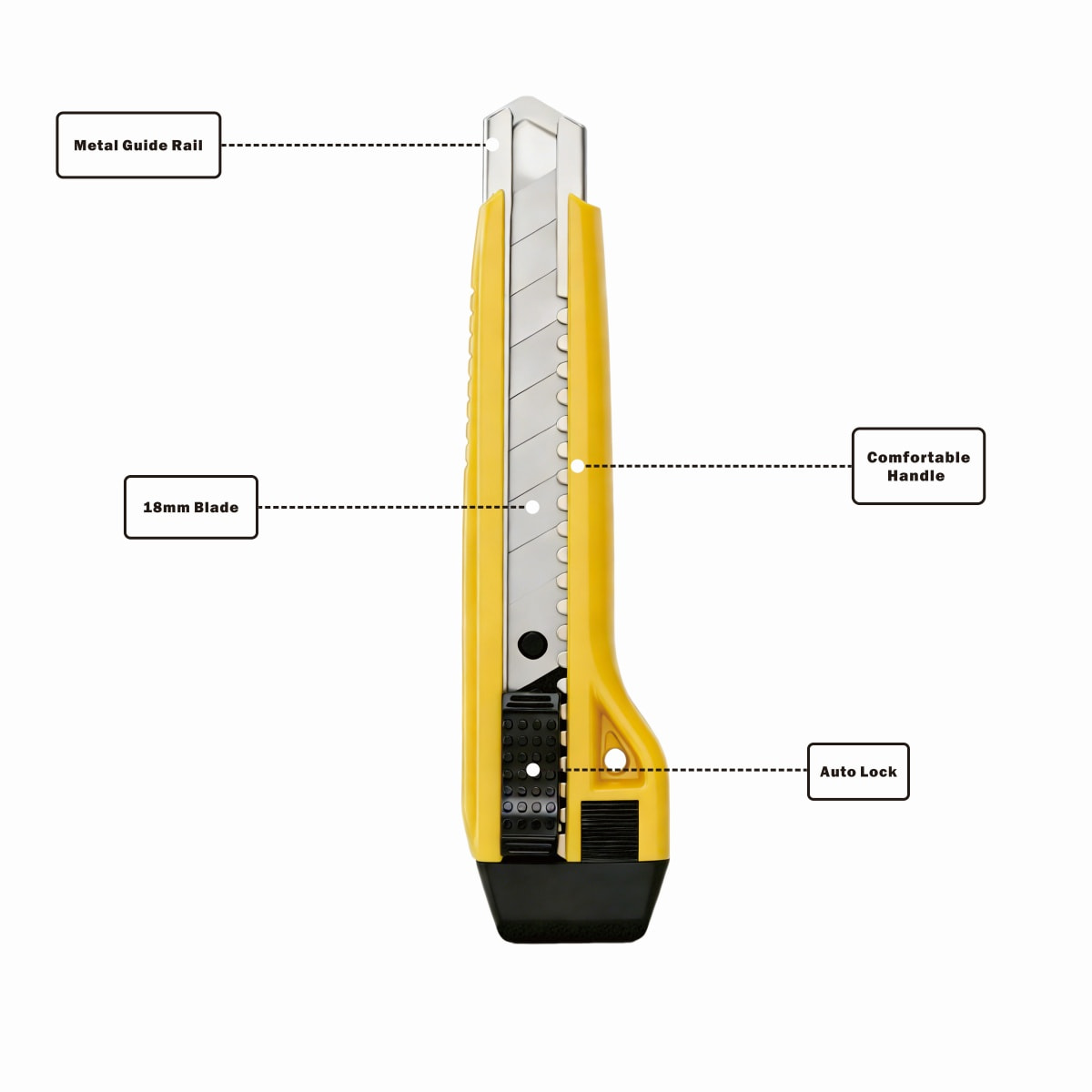 Structure diagram of the CX891 utility knife labeling Metal Guide Rail, 18mm Blade, Comfortable Handle and Auto Lock