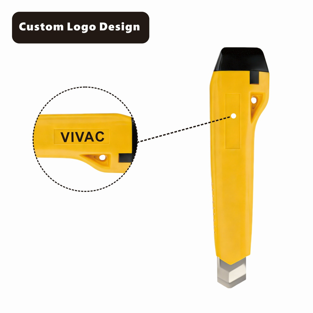 CX891 yellow utility knife handle side with a flat panel marked for custom logo design